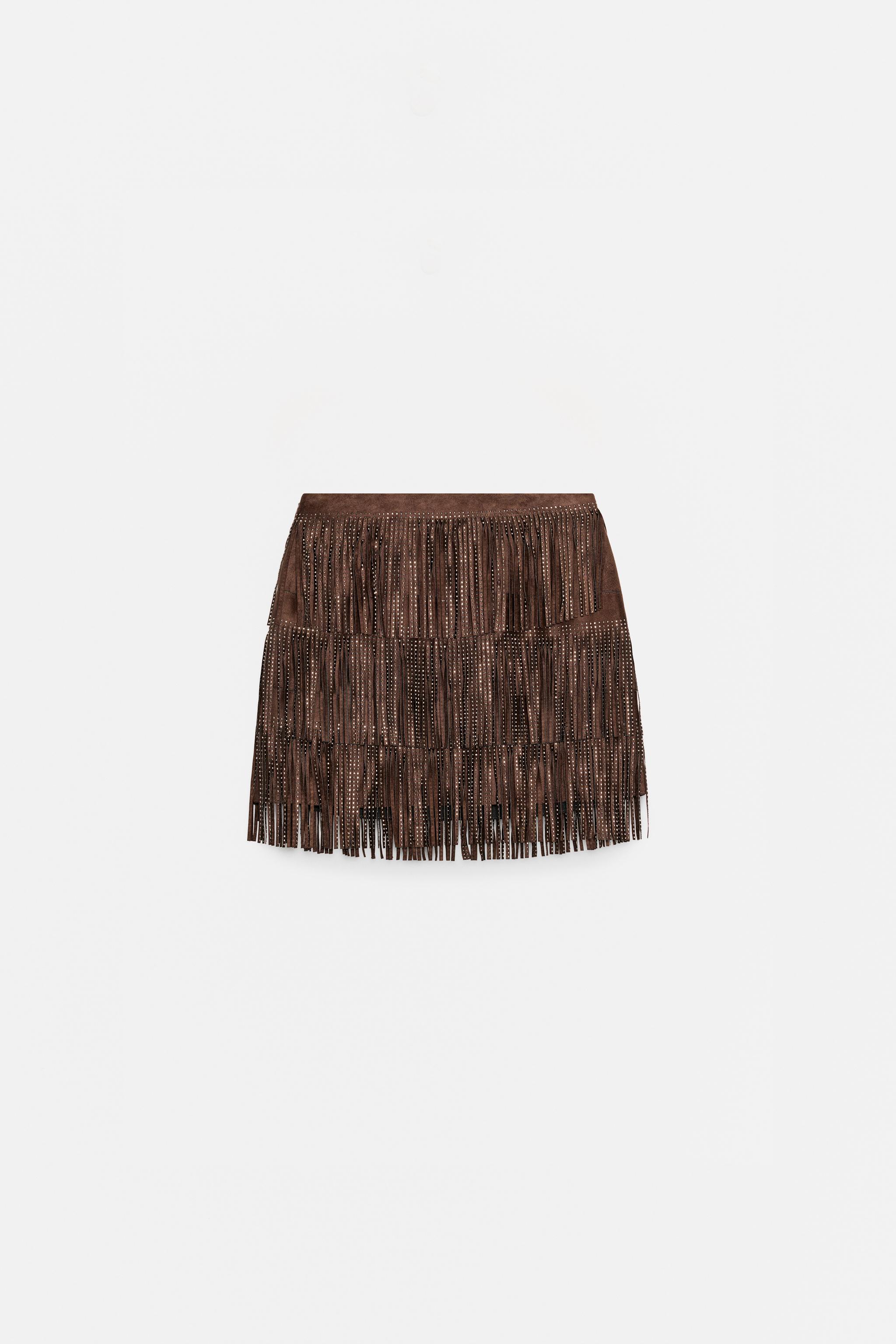 SHIMMERING FAUX SUEDE FRINGE SKIRT